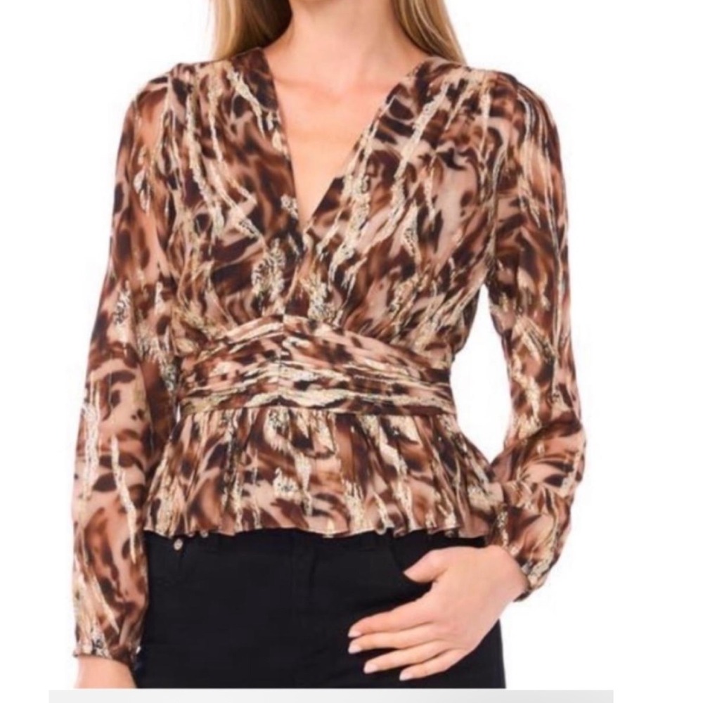 Parker Top Women L Brown Animal Print Metallic Silk Blend V-Neck Peplum